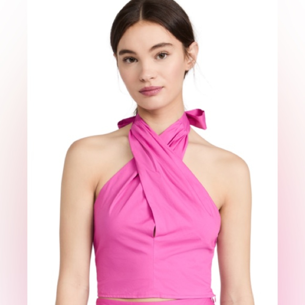 STAUD Kai Crisscross Halter Top Pink Size 8 Cotton Stretch Open Back Bow Tie